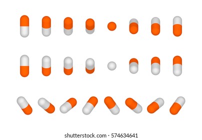 Orange tablets, Medicine capsules, vector illustration, different camera angles, isometric, isolated on white background.