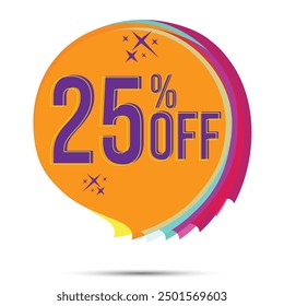 orange Tag 25 % Rabatt. Sonderrabatt, Superrabatt. Vektorgrafik einzeln auf weißem Hintergrund. Bester Preis, Rabatt-Gutschein, Aufkleber, Preisschild, Sonderrabatt 25% OFF Text auf runde Blase.