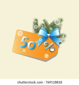 Orange tag with a Christmas tree. Discount on the price, the label of the advertising campaign at retail, promo-marketing for sale, a 50% discount, an advertising offer on the day of purchase.
