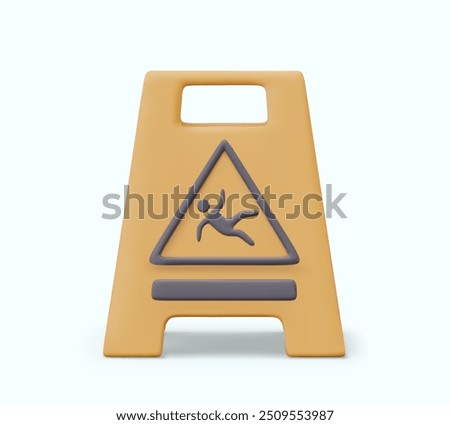Orange take out banner with warning about slippery floor. Bright 3D sign with falling man