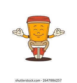 Orange takeaway coffee cup mascot with red lid smiling peacefully while meditating in seated position. Perfect for wellness, branding, or cafe promotions. Vector illustration