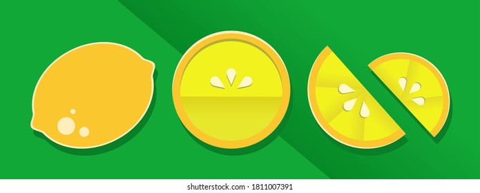 Orange tangerine grapefruit lemon lime on a green background. Vector illustration of summer fruits and citrus. Citrus icons silhouettes pictograms. Tropical fruit. The lemon in parts. Slice of lemon