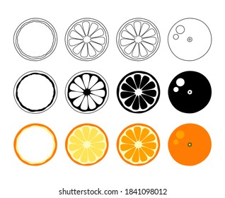 Orange tangerine grapefruit lemon lime on a white background. Vector illustration of summer fruits and citrus. Citrus icons silhouettes pictograms. Tropical fruit. Orange in parts. Orange slices. Line