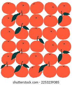 Orange tangerines with green branches and green leaves. Vector seamless pattern.