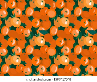 Orange tangerines with leaves. Seamless pattern. Used for wallpaper, wrapping paper, print, textile. Vector flat illustration. 