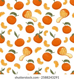 Orange tangerines vector seamless pattern. Lively fruit illustration perfect for creating vibrant designs. Ideal for wrapping paper, packaging, textile, wallpaper, interior decor