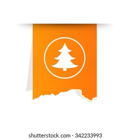 The orange tattered label with tree icon / the xmas icon / the tree pictogram