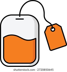 Bolsa de té naranja con cadena y etiqueta llena de bebida líquida ámbar