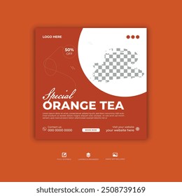 Orange tea design and social media post tea design, Coffee shop social media post banner design, National Hot Tea Month January concept.