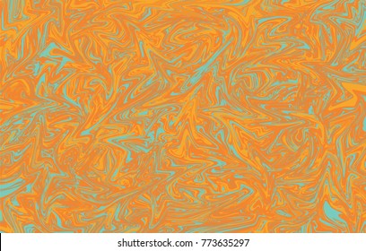 Orange and teal digital marbling background. Liquid surface backdrop. Warm palette suminagashi vector for web design or festival invitation. Fluid color pattern. Traditional Turkish ebru technique