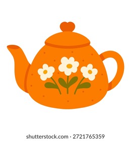 Tetera naranja con estampado floral. Para menús de cafetería, marca de té, decoración de la cocina, pegatinas, carteles, Anuncios de Web.