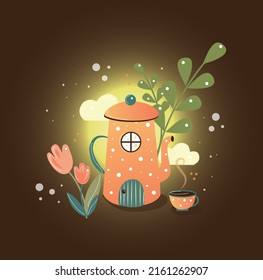 orange teapot in the form of a house and a cup. flower bed with flowers and green bushes. clouds in the background. fairy tale and magic illustration