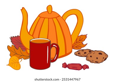 orange teapot, red mug, chocolate chip cookies, candy, fall leaves. for seasonal posters, banners,  invitations for autumn gatherings, promoting events, recipes, cozy home decor