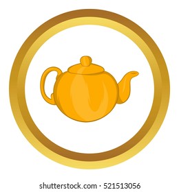 Orange teapot vector icon in golden circle, cartoon style isolated on white background