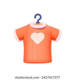 Camiseta naranja con un motivo de corazón en suspensión aislado sobre fondo blanco. Camiseta 3D vector icono. Concepto de reventa de ropa y consumo consciente.