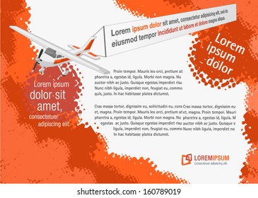 Modelo laranja para folheto publicitário com avião puxando uma faixa