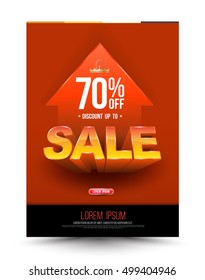 Orange template super sale poster discount up to 70 percent with arrow. Vector illustration sale 3D style for promotion adverting layout in A4 size. 