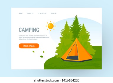 Orange tent among the trees. Camping concept. Template for travel agency website, green tourism, camps, trekking activity etc. Vector illustration in flat style.