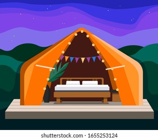 Orange tent with bed in the green forest at night vector illustration