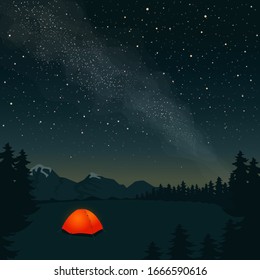 
An orange tent with a burning light inside stands in a clearing under a starry sky. Beautiful starry night sky and the Milky Way. Concept for outdoor tourism in mountain. Cartoon vector illustration