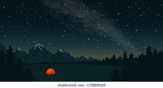 Orange tent with a burning light inside stands in a clearing under the starry sky.  On the horizon mountains and forest. Concept of a beautiful starry night sky and the Milky Way. Vector illustration