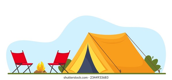 Orange tent, campfire and chairs. Banner, poster for Climbing, hiking, trakking sport, adventure tourism, travel backpacking Vector illustration