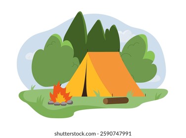 Orange tent with campfire in forest, flat graphic style on white background. Concept of outdoor adventure. Vector illustration