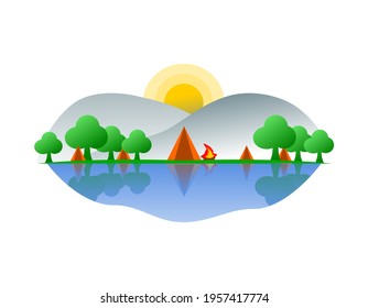 Orange tent camping with bonfire on green grass floor in park forest mountain with blue water lake in day time flat vector.