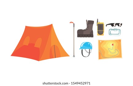 Orange tent and climber set. Vector illustration on a white background.