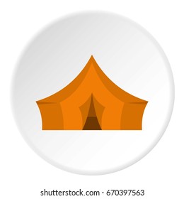 Orange tent for forest camping icon in flat circle isolated vector illustration for web