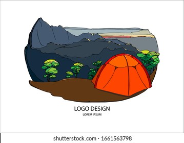 Orange tent on the edge of the mountain with green decorative trees, sunset, camping. Logo hiking in the mountains, vacation with a tent. Vector
