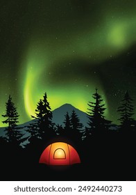 Orange tent on meadow under tree. Camping at night. Green polar lights