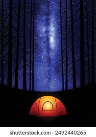 Orange tent in pine forest. Camping under night starry sky. Milky Way