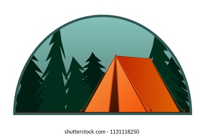 Orange tent. Summer camp background. Vector flat illustration nature tourism, camping or hiking design concept. Semicircular emblem, poster for tourist vacations in the forest. Healthy lifestyle