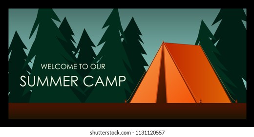 Orange tent. Welcome to our Summer camp background. Vector flat illustration nature tourism, camping or hiking design concept. Template for print emblem, tourist vacations poster in the forest. 