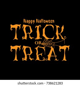 orange text Happy halloween. Vector illustration with web and spider. Trick or treat typography.