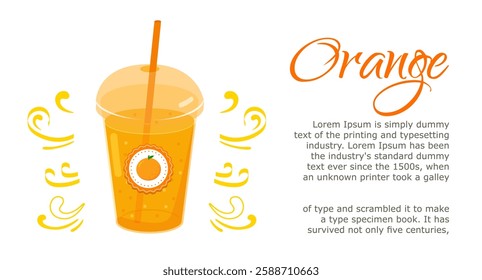 orange with text. with juice. orange is a sweet summer fruit. A ripe orange icon in the form of a clipart. flat vector illustration