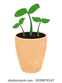 Orange texture ceramic pot with young plants. Gardening, growing flowers, caring for plants. Vector isolated realistic drawing