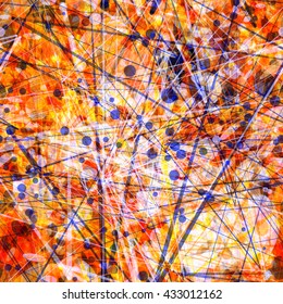 Orange texture with dark inclusions. Scratches, ovals, circles, shapeless spots, thin straight lines. Overlap, intersection, transparency. Randomly mixed. Seamless pattern.
