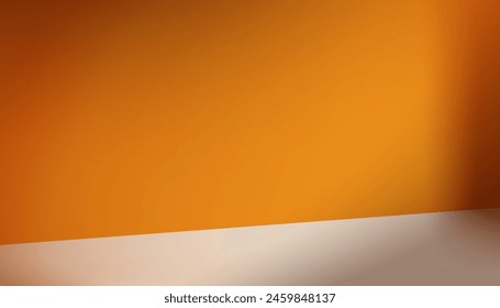 Orange Texture Wall Background With Shadow And Light, Yellow Shade Pattern In Abstract Design, Summer Banner With Table Space, Autumn Product Display Scene, Warm Interior Backdrop And Minimal Mockup
