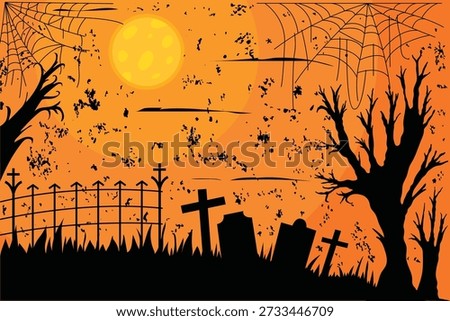 Orange textured background with cemetery gates and spooky trees