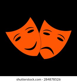 Orange Theater icon with happy and sad masks  on a black background