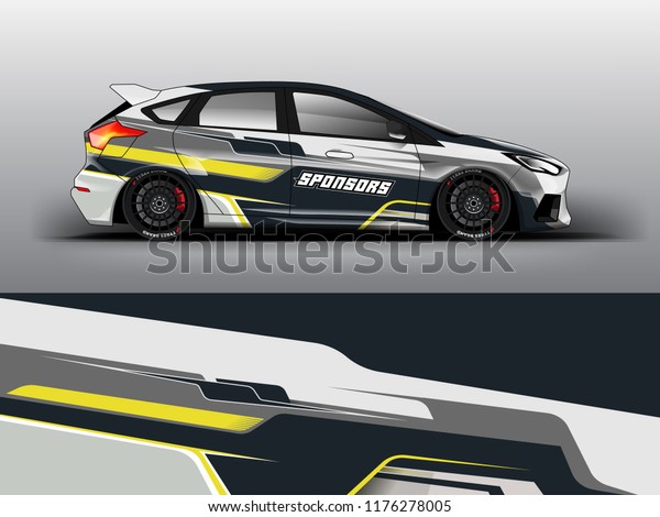 Orange theme Racing car wrap design template.\
vector eps10. sedan hatchback racing and dirt car sticker decal and\
wrap.