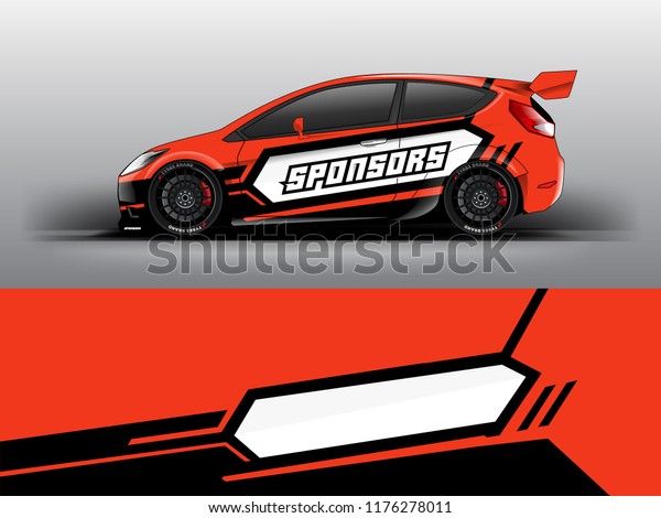 Orange theme Racing car wrap design template.\
vector eps10. sedan hatchback racing and dirt car sticker decal and\
wrap.