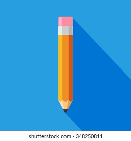 Lápiz grueso naranja con borrador sobre fondo azul con sombra.