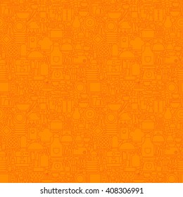 Orange Thin Line Kitchen Utensil and Cooking Seamless Pattern. Vector Website Design and Seamless Background in Trendy Modern Outline Style. Kitcheware and Appliances.