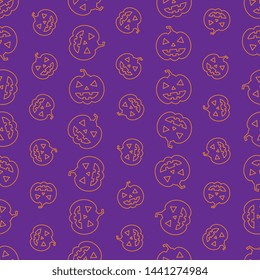 orange thin line pumpkin scary faces seamless pattern on purple background. abstract vector mosaic for holiday banners, posters, invitations. eps 10