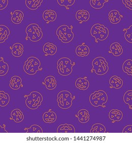 orange thin line pumpkin scary faces seamless pattern on purple background. abstract vector mosaic for holiday banners, posters, invitations. eps 10