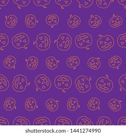 orange thin line pumpkin scary faces seamless pattern on purple background. abstract vector mosaic for holiday banners, posters, invitations. eps 10