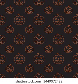 orange thin line pumpkin scary faces seamless pattern on black background. abstract vector mosaic for holiday banners, posters, invitations. eps 10